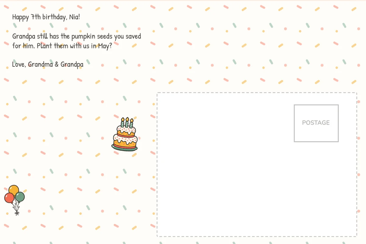 Back of the card on a confetti design: a note wishing Nia a happy 7th from Grandma and Grandpa, a cake sticker, balloons and the address box