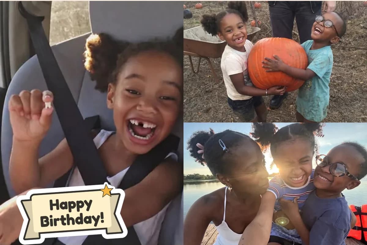 Card front with three photos of a gap-toothed girl: holding up a lost tooth in her car seat, hugging a pumpkin with her brother, laughing by a lake, with a Happy Birthday sticker