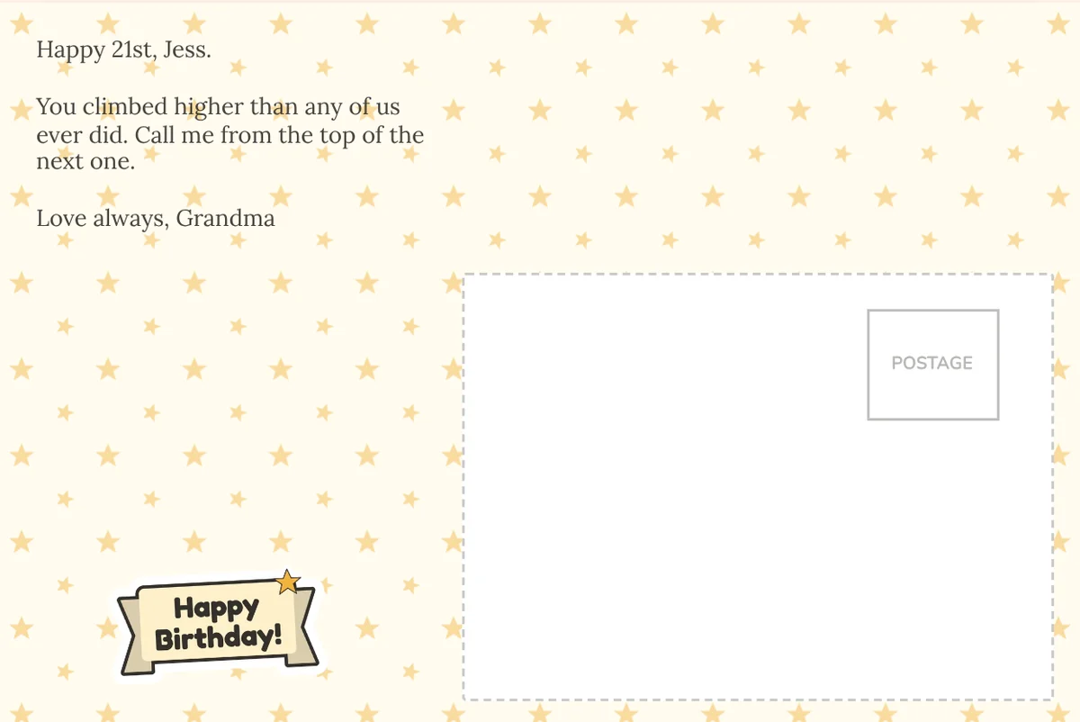 Back on a star pattern: a short note to Jess for her 21st from Grandma, a Happy Birthday banner and the address box