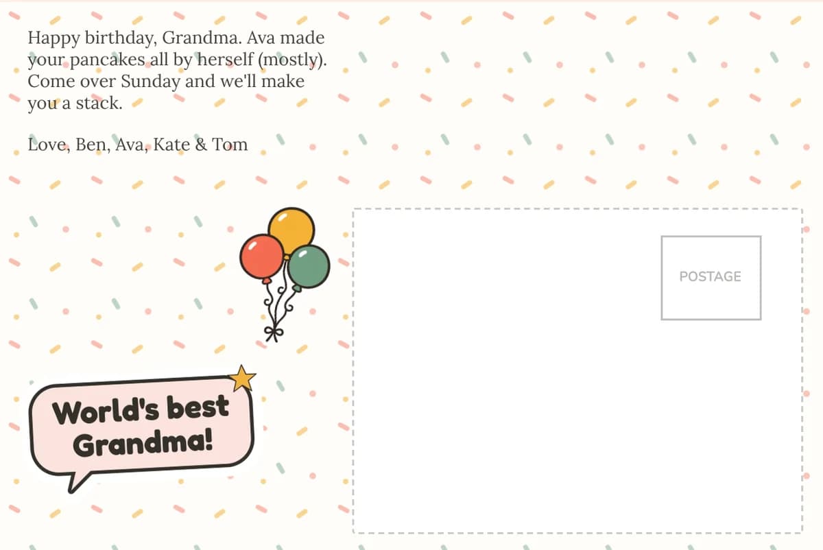 Card back on confetti with a note about pancakes signed by four names, a speech-bubble sticker for Grandma and balloons