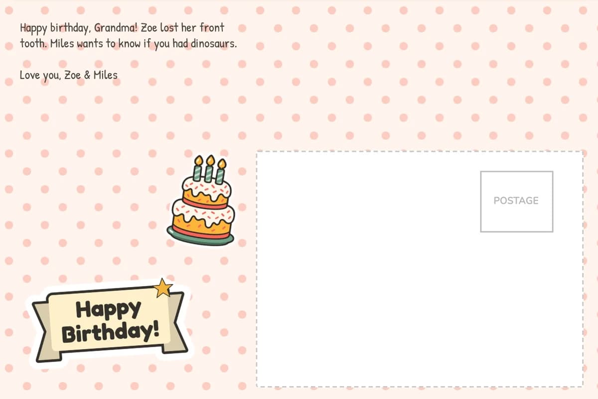 Card back on pink dots with a two-line note about a lost tooth and dinosaurs, a Happy Birthday banner sticker and a cake sticker