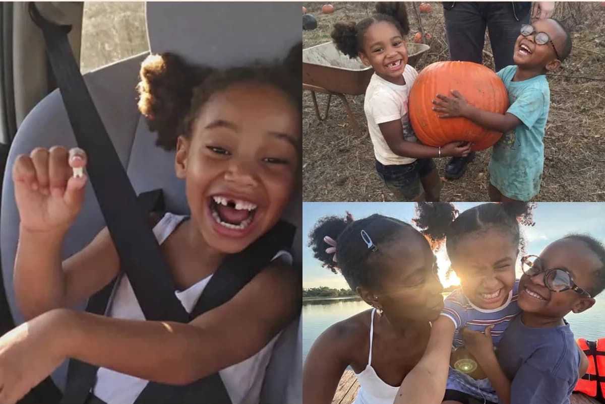 Card front with three photos: a girl in a car seat holding up her lost tooth, two kids hugging a pumpkin, a mom and two kids by a lake at sunset