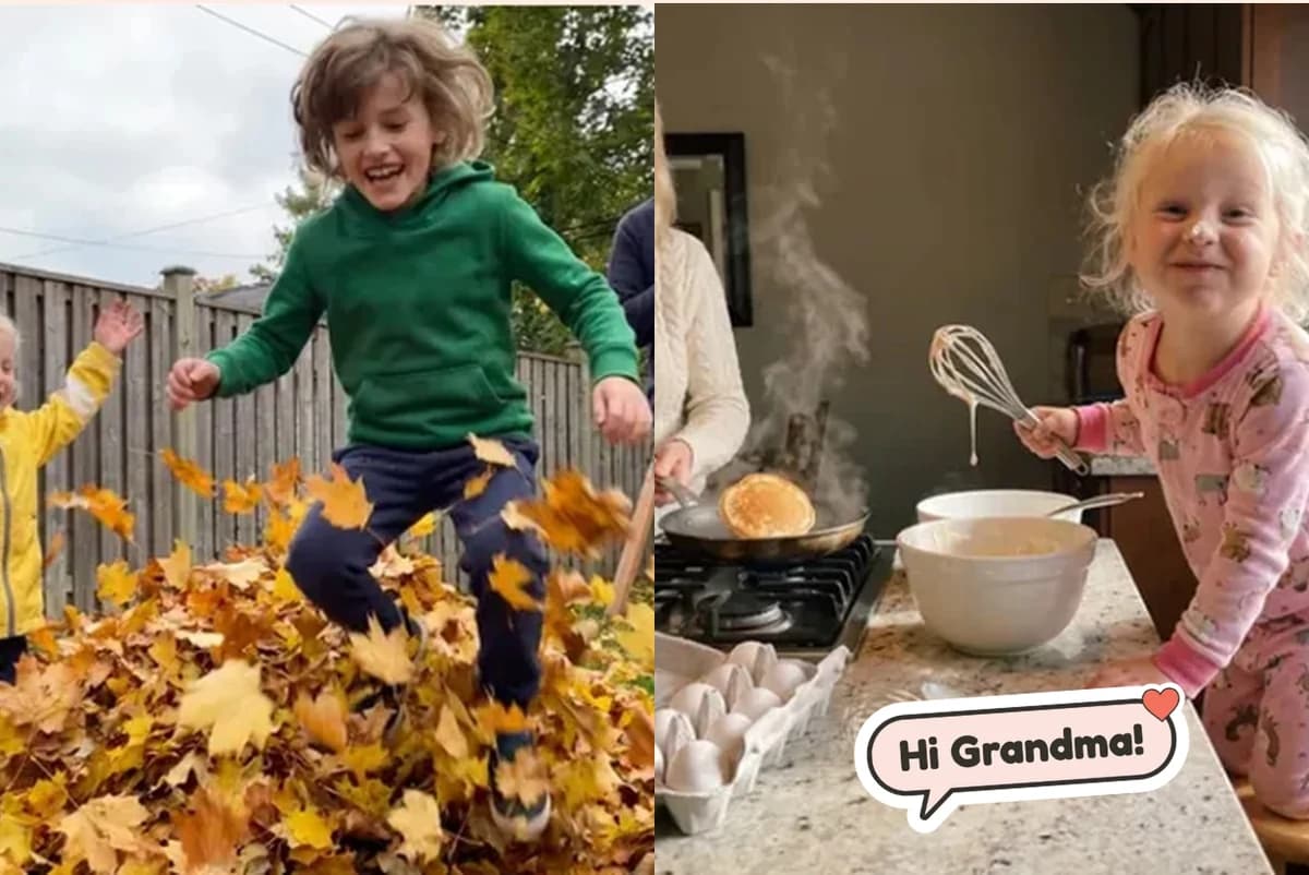 Card front with two photos: a boy jumping into a leaf pile and a toddler in pajamas whisking pancake batter, with a Hi Grandma! sticker