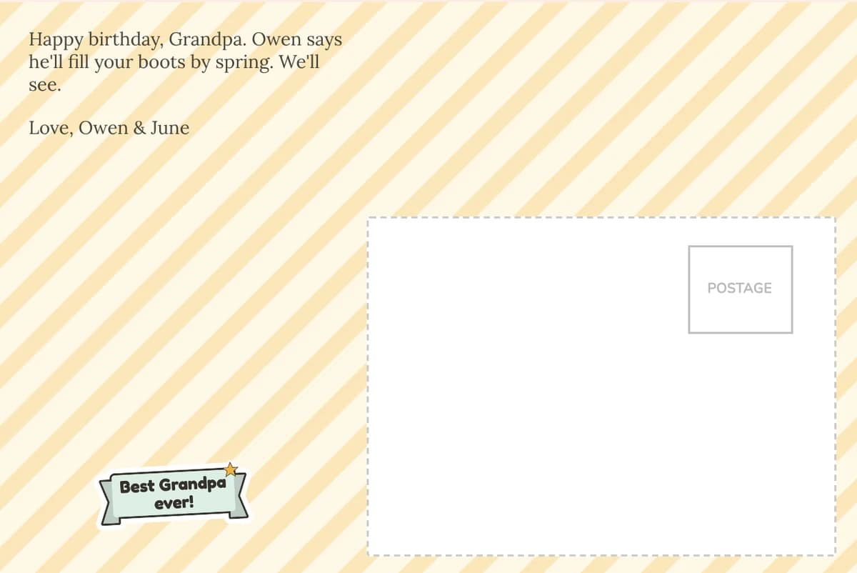 Back of the boots card: yellow stripes, a green banner sticker for Grandpa and a note about filling his boots by spring