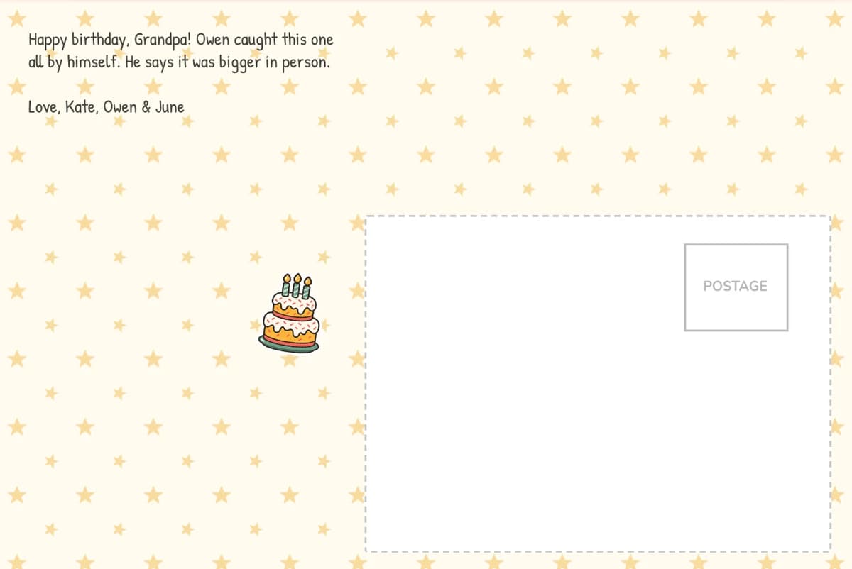 Back of the four-photo card: a star pattern, a birthday cake sticker and a note about the fish being bigger in person