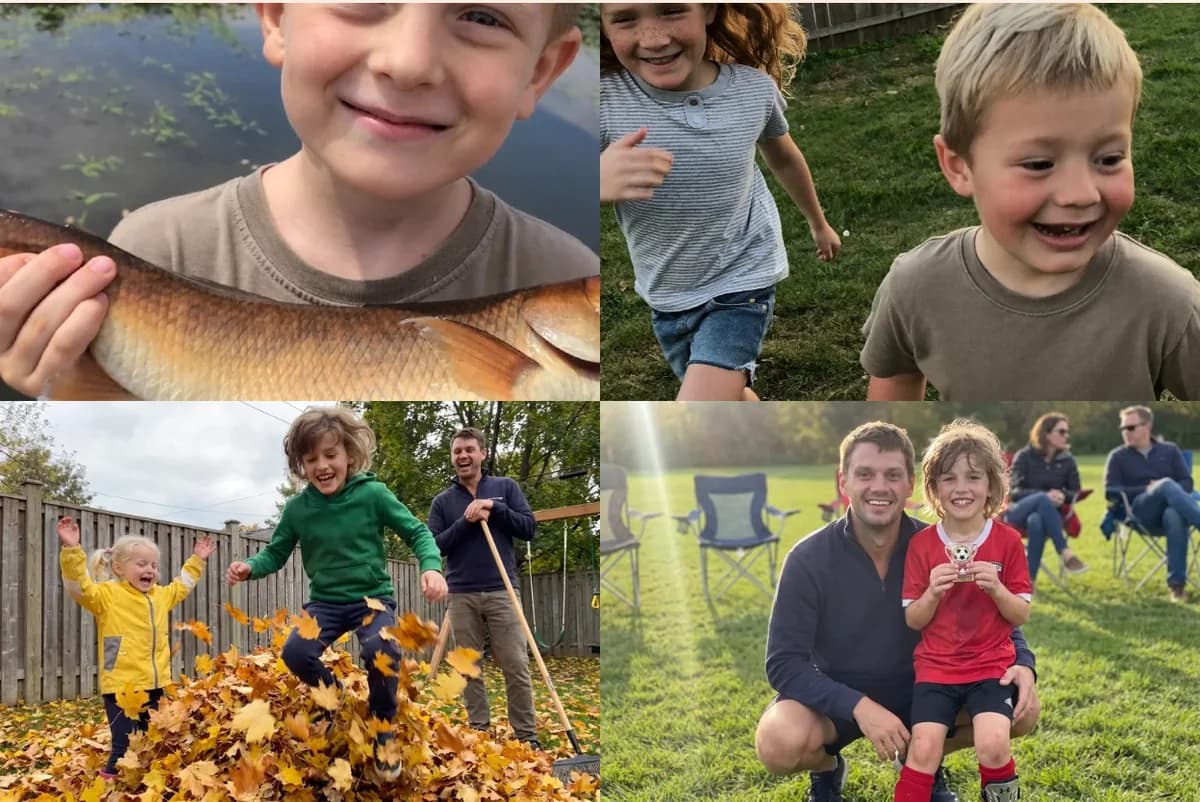 Card front with four photos: a boy holding up a fish, two kids running across a yard, a leaf-pile jump, a soccer trophy