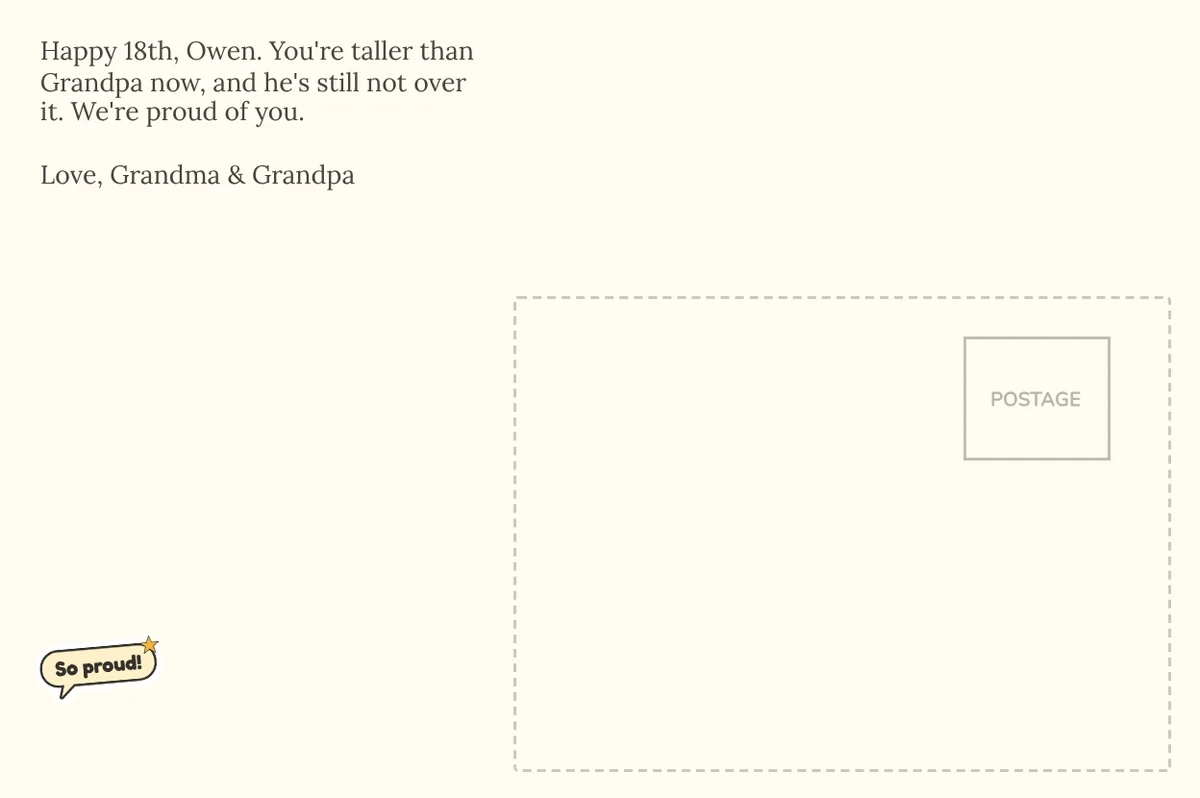 Back of an 18th birthday postcard in plain serif type with a So proud! sticker, telling Owen he's taller than Grandpa now