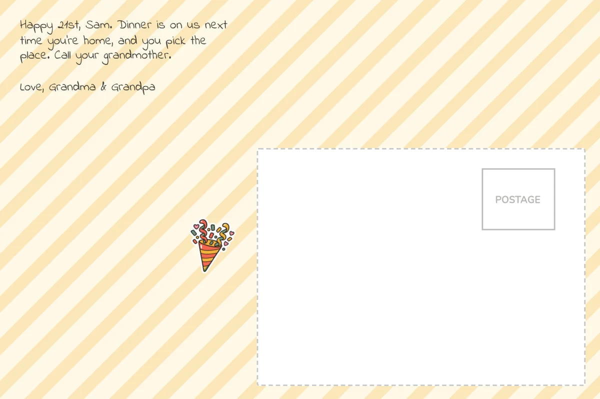 Back of a 21st birthday postcard on yellow stripes with a party popper sticker, offering Sam dinner when he's home