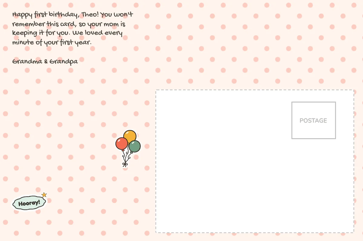 Back of a first birthday postcard on a pink polka-dot design with balloons and a Hooray! sticker, a note to Theo from Grandma and Grandpa