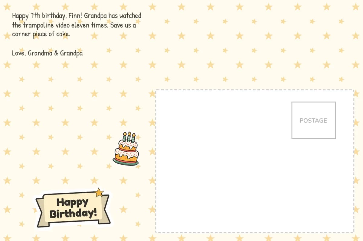 Back of Finn's card: a starry design, a Happy Birthday banner, a cake sticker and a note about the trampoline video