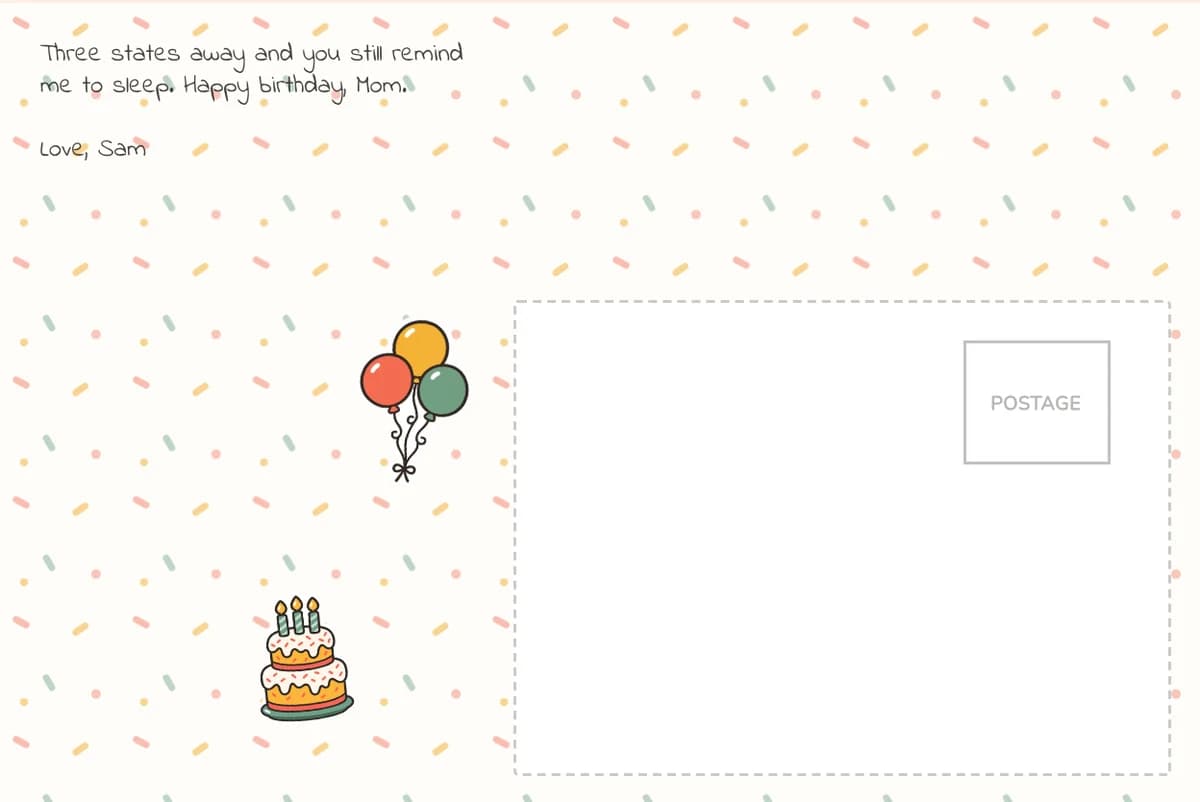 Card back on confetti with a two-line note signed Sam, a balloons sticker and a cake sticker
