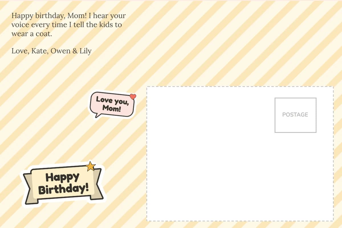 Card back on yellow stripes with a note about wearing a coat, signed Kate, Owen and Lily, with a Happy Birthday banner