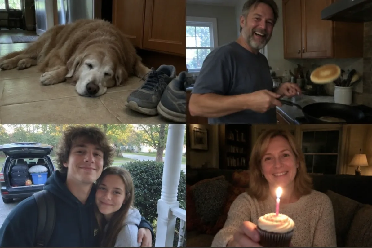Card front with four photos from home for a son at college: the old dog by his sneakers, Dad flipping pancakes, move-in day, Mom with a candle