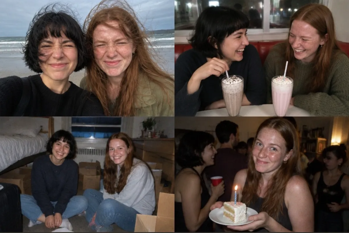 Card front with four photos of two friends: a windy beach selfie, milkshakes in a diner booth, a dorm move-in, a slice of cake with one candle