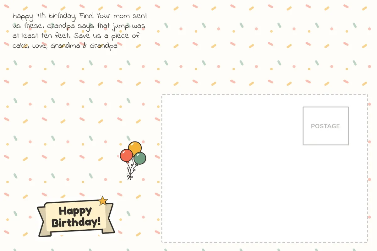 Back of the grandson's card: a confetti design, a Happy Birthday banner, balloons and a short note from Grandma and Grandpa