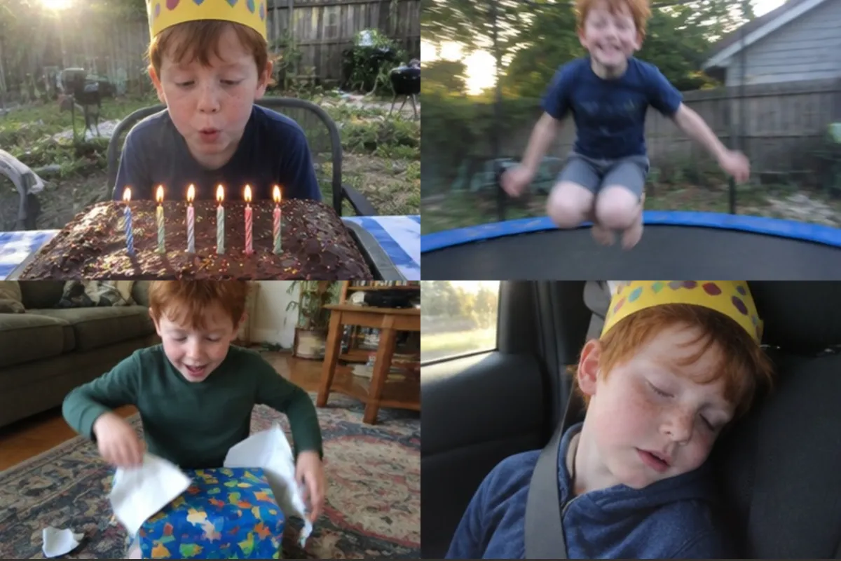 Card front with four photos of a red-haired boy in a paper crown: candles on a chocolate cake, a trampoline jump, opening a present, asleep in the car