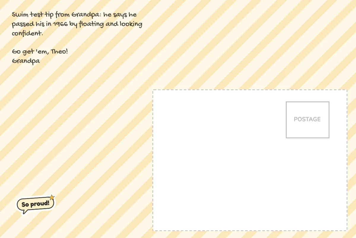 Card back on a yellow Stripes design with Grandpa's swim test tip to Theo in a playful handwriting-style font and a So proud! sticker