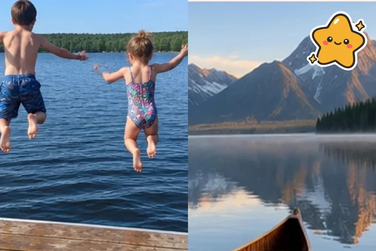 Card front with two photos side by side: two kids jumping off a dock into a lake, and a mountain lake with a canoe, with a gold star sticker