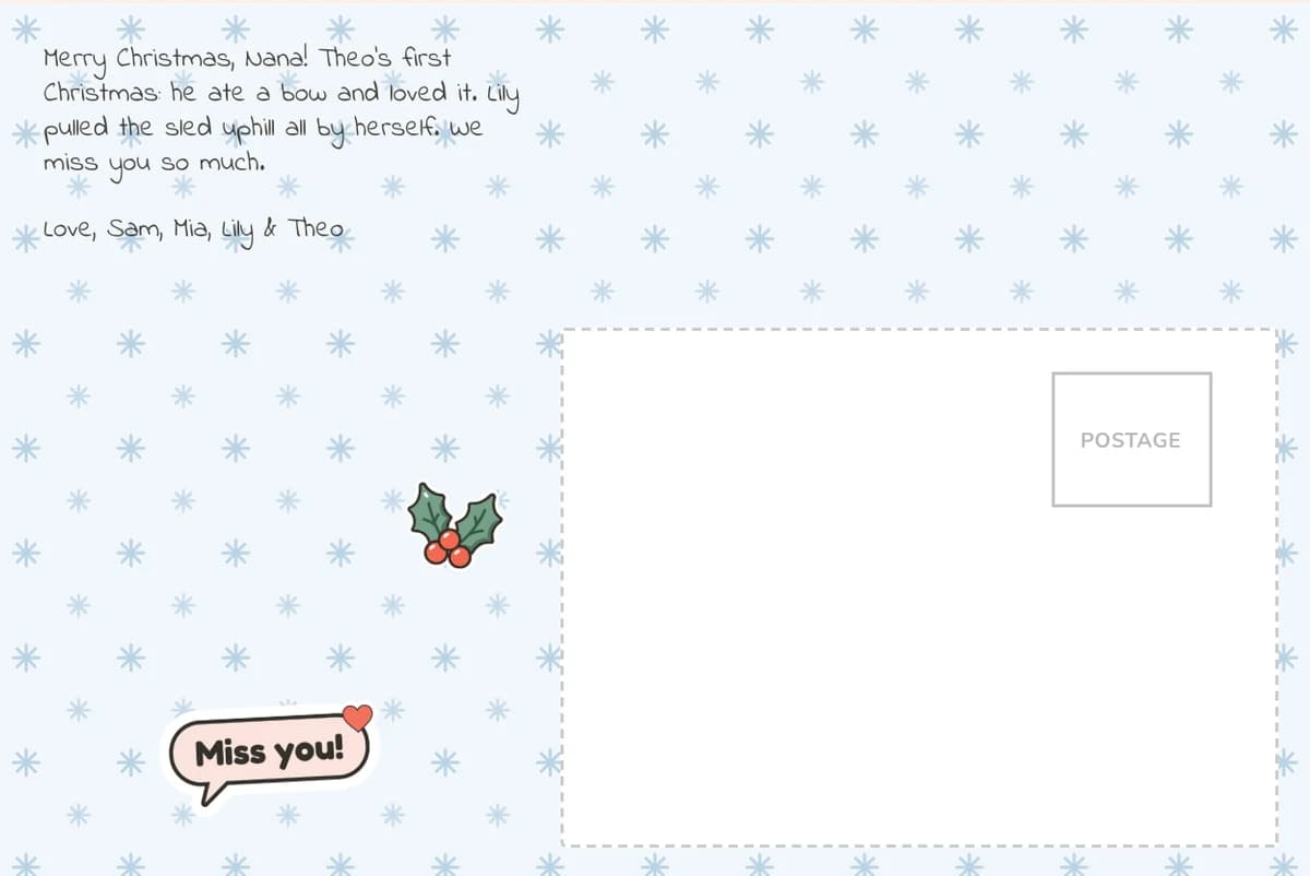 Card back on the Snowflakes pattern with a note to Grandma, a Miss you! sticker, a holly sticker and the address box