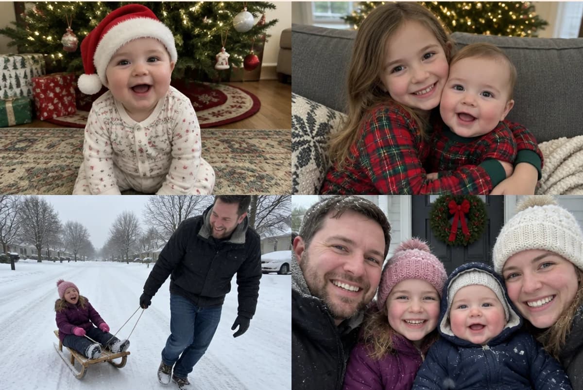 Card front with four photos: a baby in a Santa hat by the tree, a big sister hugging the baby, a dad pulling a sled, a family selfie on a snowy porch