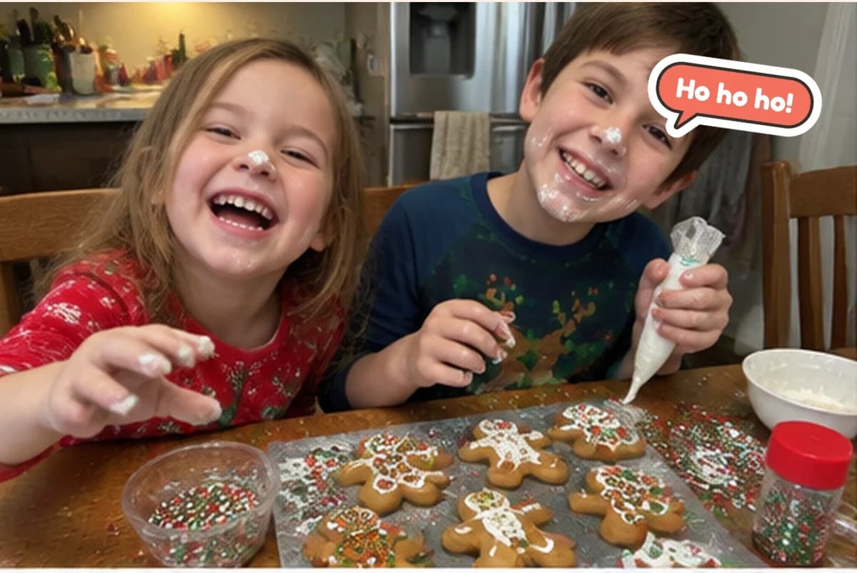 Card front with one full-size photo of two kids with icing on their faces at a tray of gingerbread cookies, with a Ho ho ho! sticker