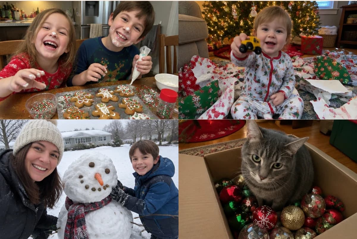 Card front with four photos: kids decorating gingerbread cookies, a toddler in wrapping paper by the tree, a lopsided snowman, a cat in a box of ornaments