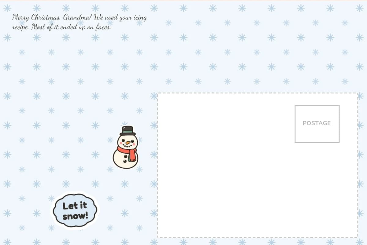 Card back on the Snowflakes pattern with a short note to Grandma in a handwriting-style font, a snowman and a Let it snow sticker