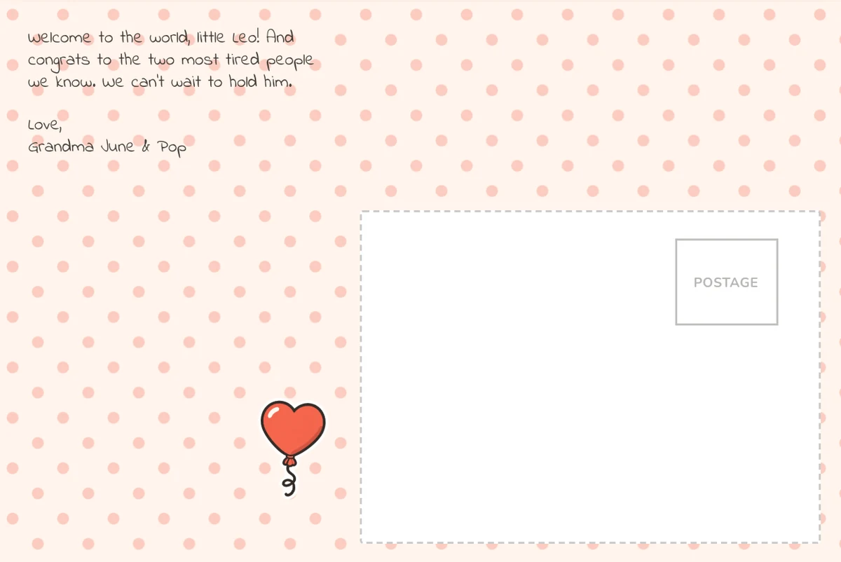 Card back on the Polka dots pattern welcoming baby Leo in a script-style font, with a heart balloon sticker