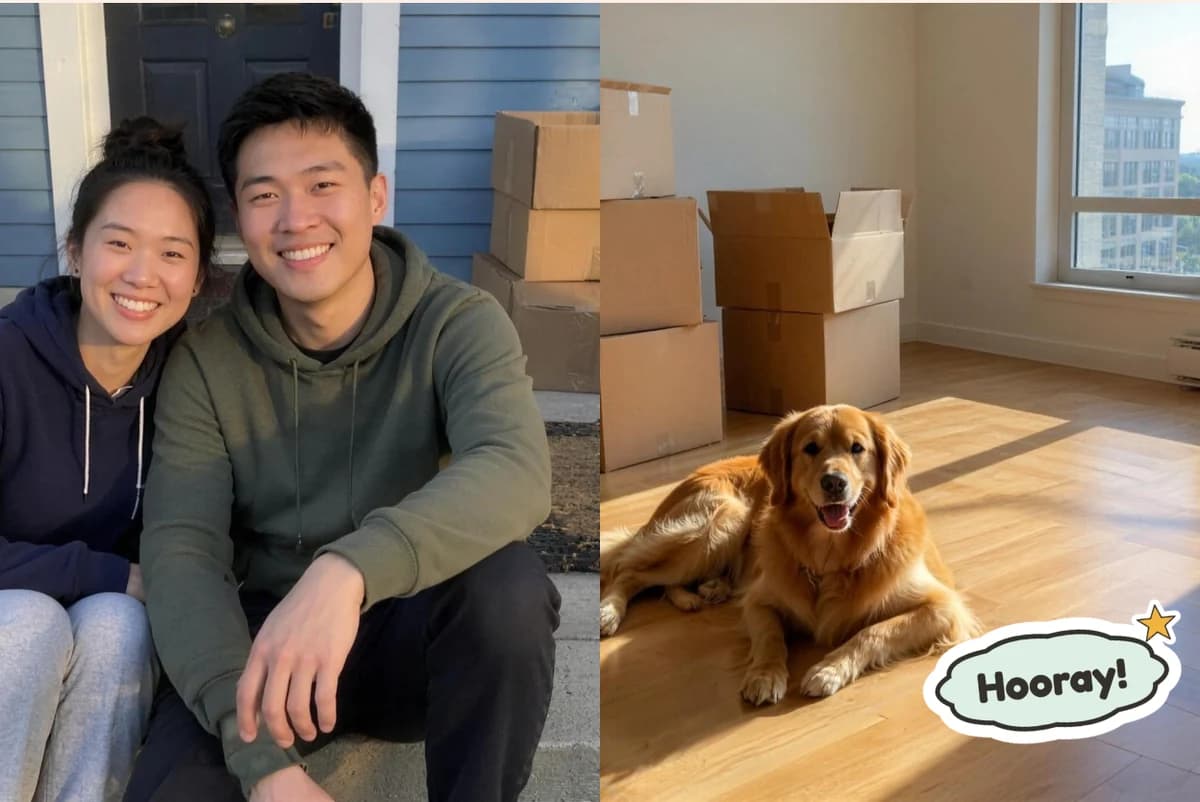 Postcard front with two photos: a couple in hoodies on the step of a blue house with moving boxes, and a golden retriever lying in a sunny empty room, with a Hooray! sticker