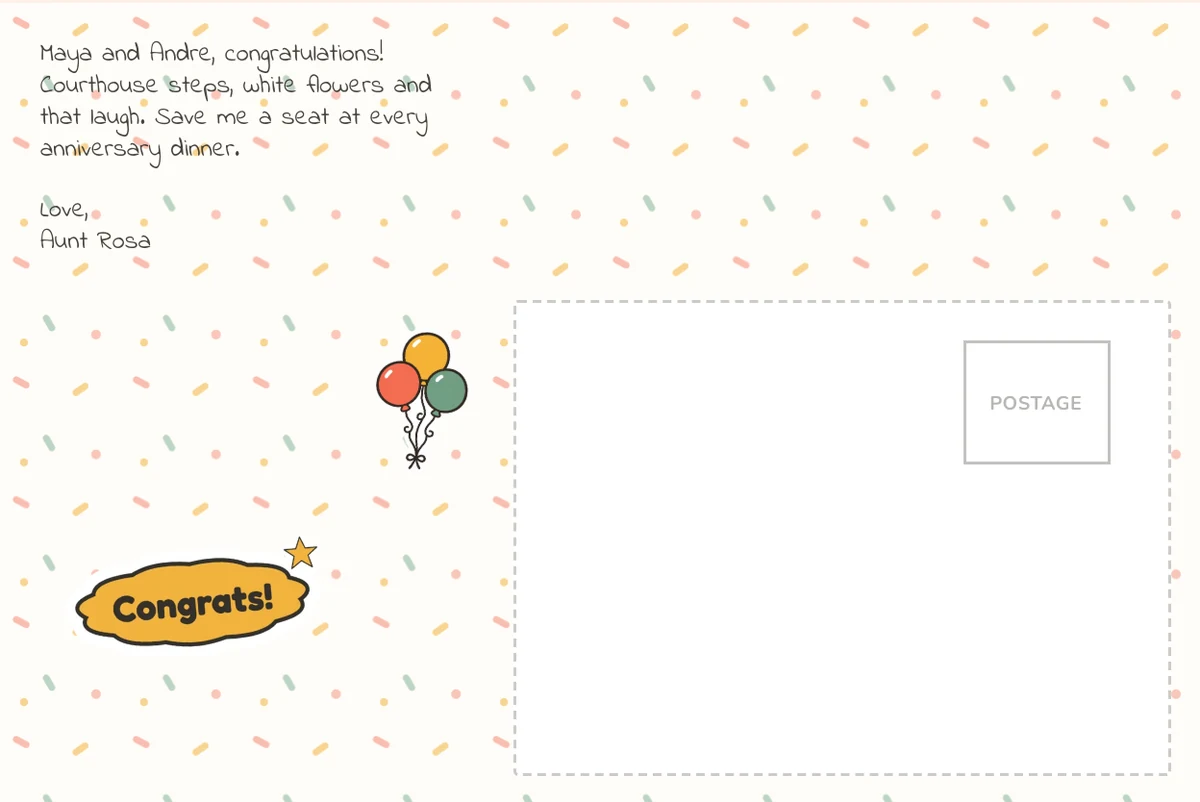 Card back on the Confetti pattern with a wedding note to Maya and Andre, a balloons sticker and a Congrats! sticker