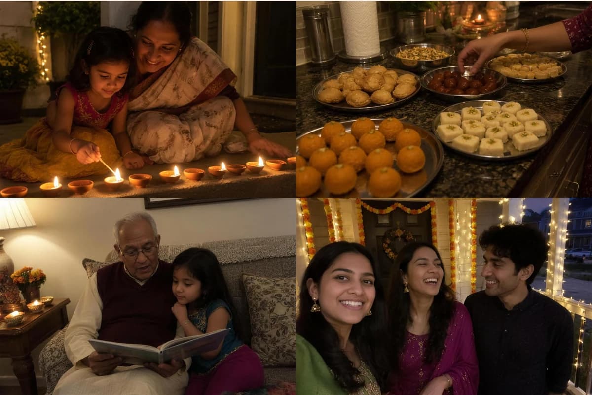 Postcard front with four photos: a grandmother and granddaughter lighting diyas, a counter of sweets, a grandfather reading to a girl and cousins on a lit porch