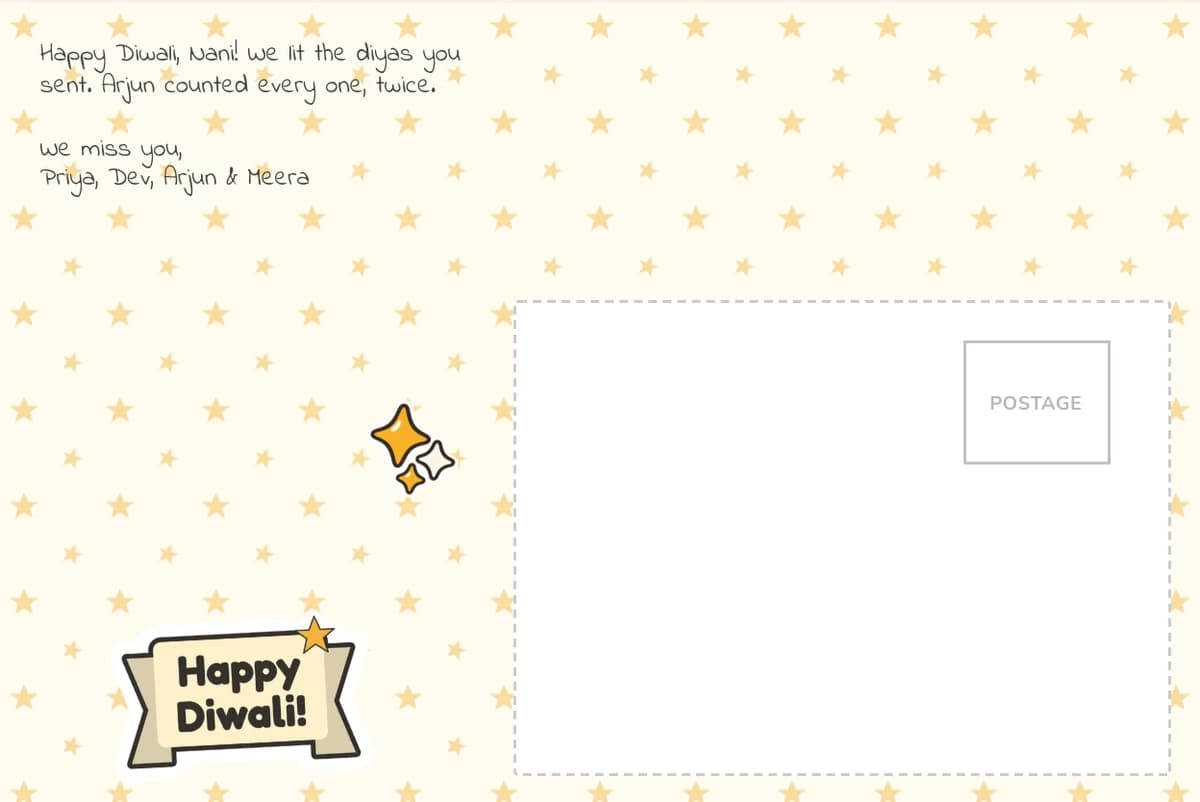 Card back on the Stars pattern with a Happy Diwali note to Nani about the diyas, a sparkles sticker and a Happy Diwali! banner