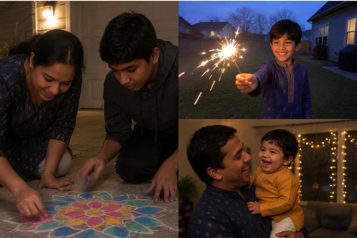 Postcard front with three photos: a mother and son drawing a rangoli, a boy holding a sparkler and a dad lifting a laughing toddler
