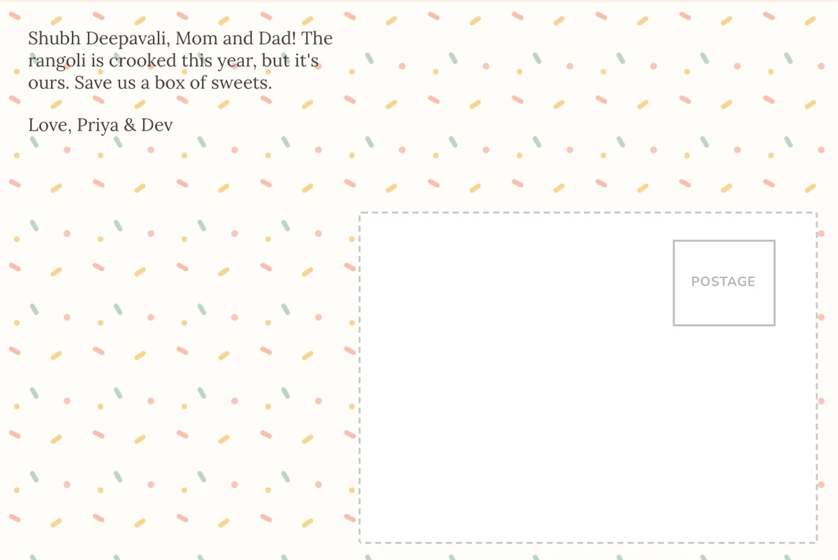 Card back on a confetti pattern with a Shubh Deepavali note to Mom and Dad about a crooked rangoli, in a plain serif font