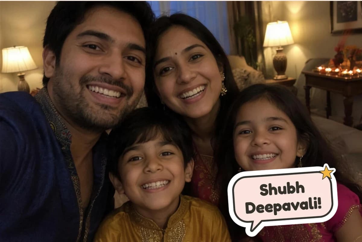 Postcard front with one full-size family selfie in festive clothes and a Shubh Deepavali! sticker