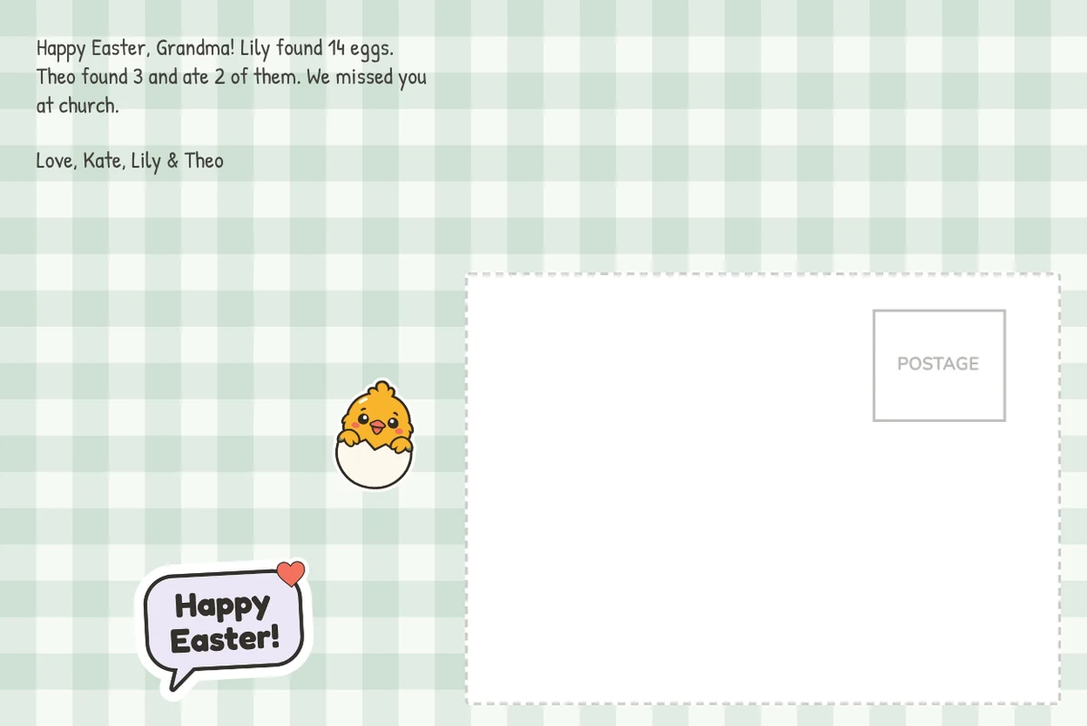 Card back on the Gingham pattern with a printed note to Grandma about an egg hunt, a chick sticker, a Happy Easter! sticker and the address box