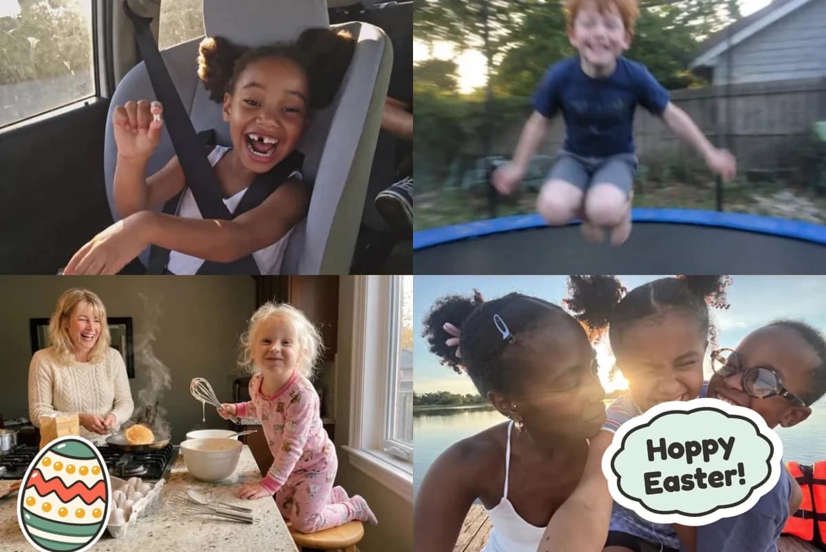 Card front with four photos: a girl laughing in her car seat, a boy mid-jump on a trampoline, a toddler whisking batter with her grandmother, two kids hugging their mom by a lake, with an egg sticker and a Hoppy Easter! sticker