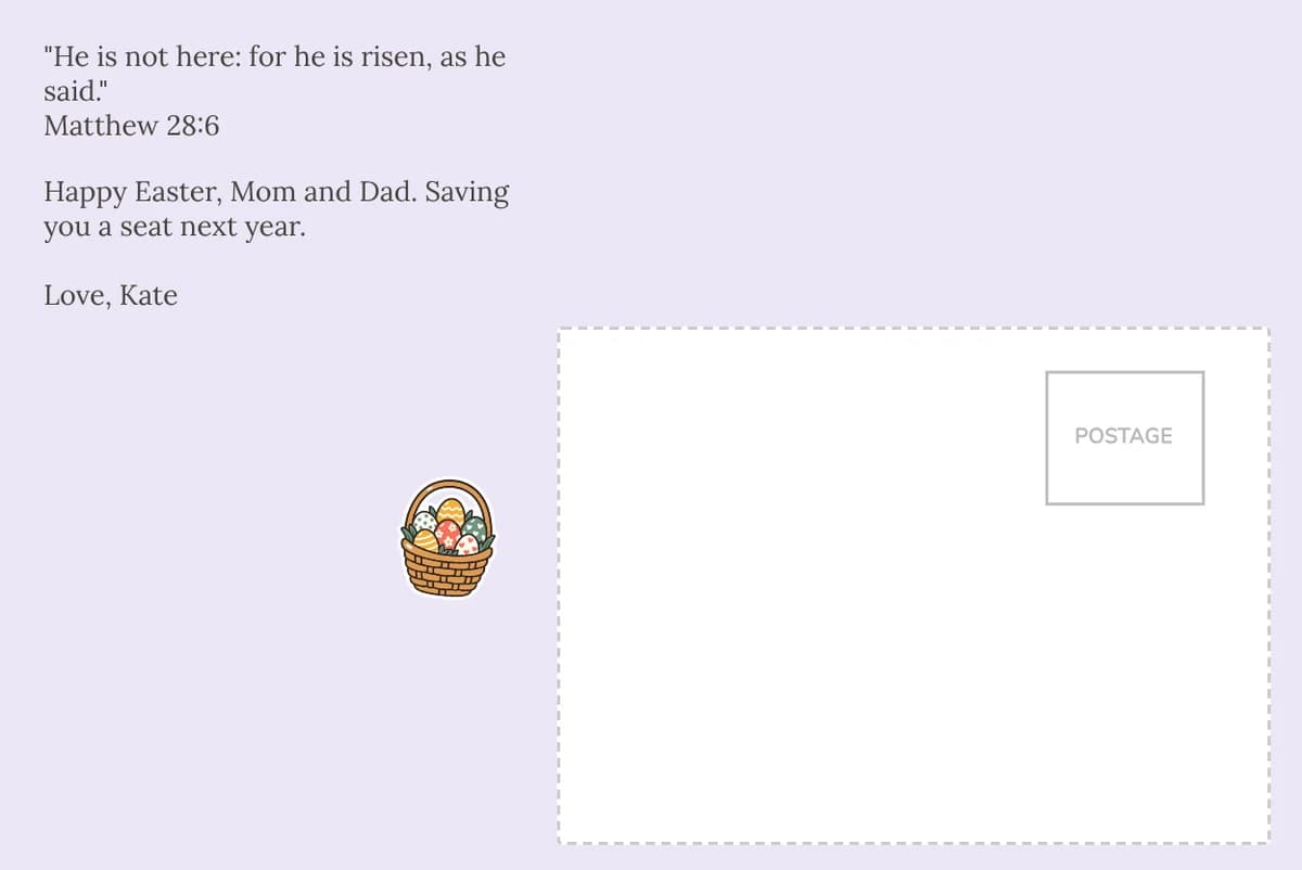 Card back on a plain lavender background with Matthew 28:6 printed in a serif font above a note to Mom and Dad, with an Easter basket sticker