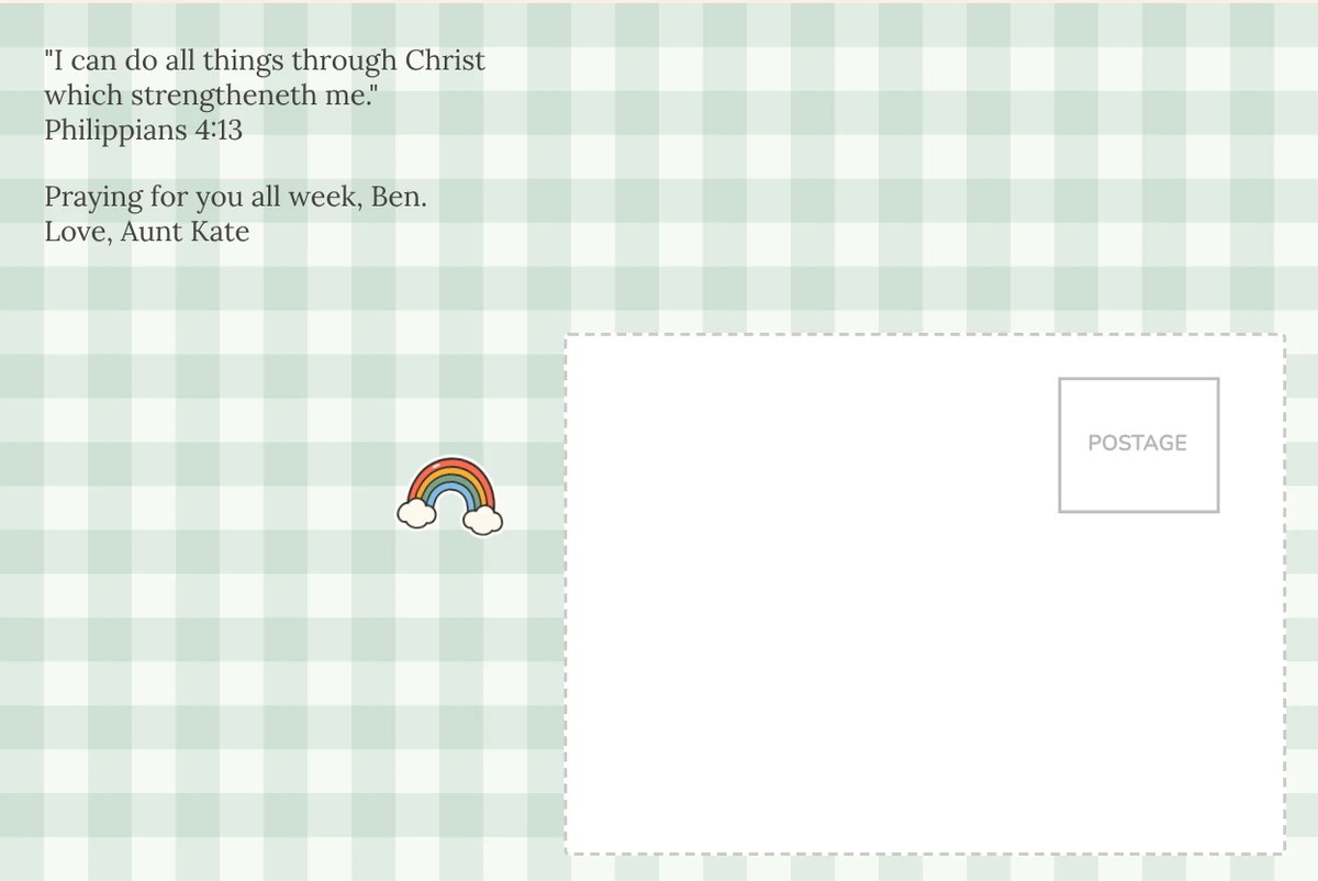 Card back on the Gingham pattern with Philippians 4:13 in the King James wording, a note from Aunt Kate and a rainbow sticker
