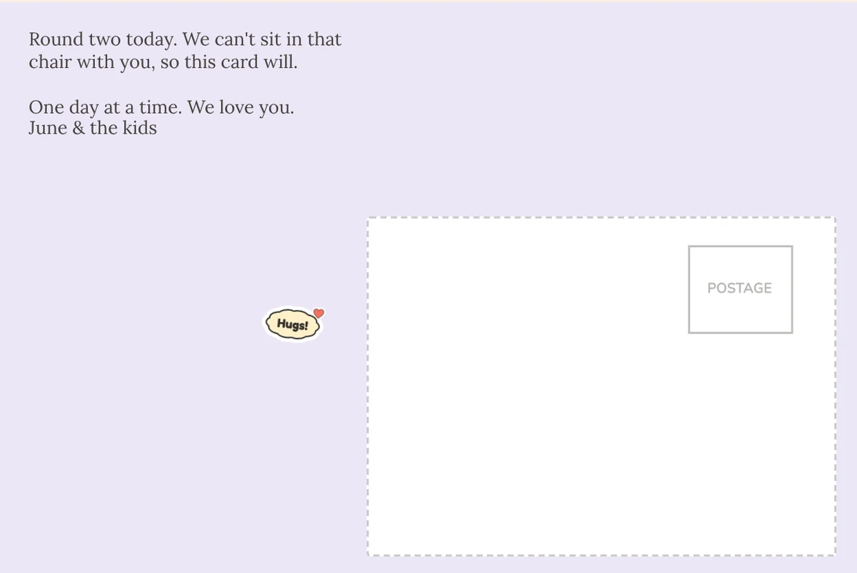 Card back on a lavender background with a note for round two, signed June and the kids, and a Hugs! sticker