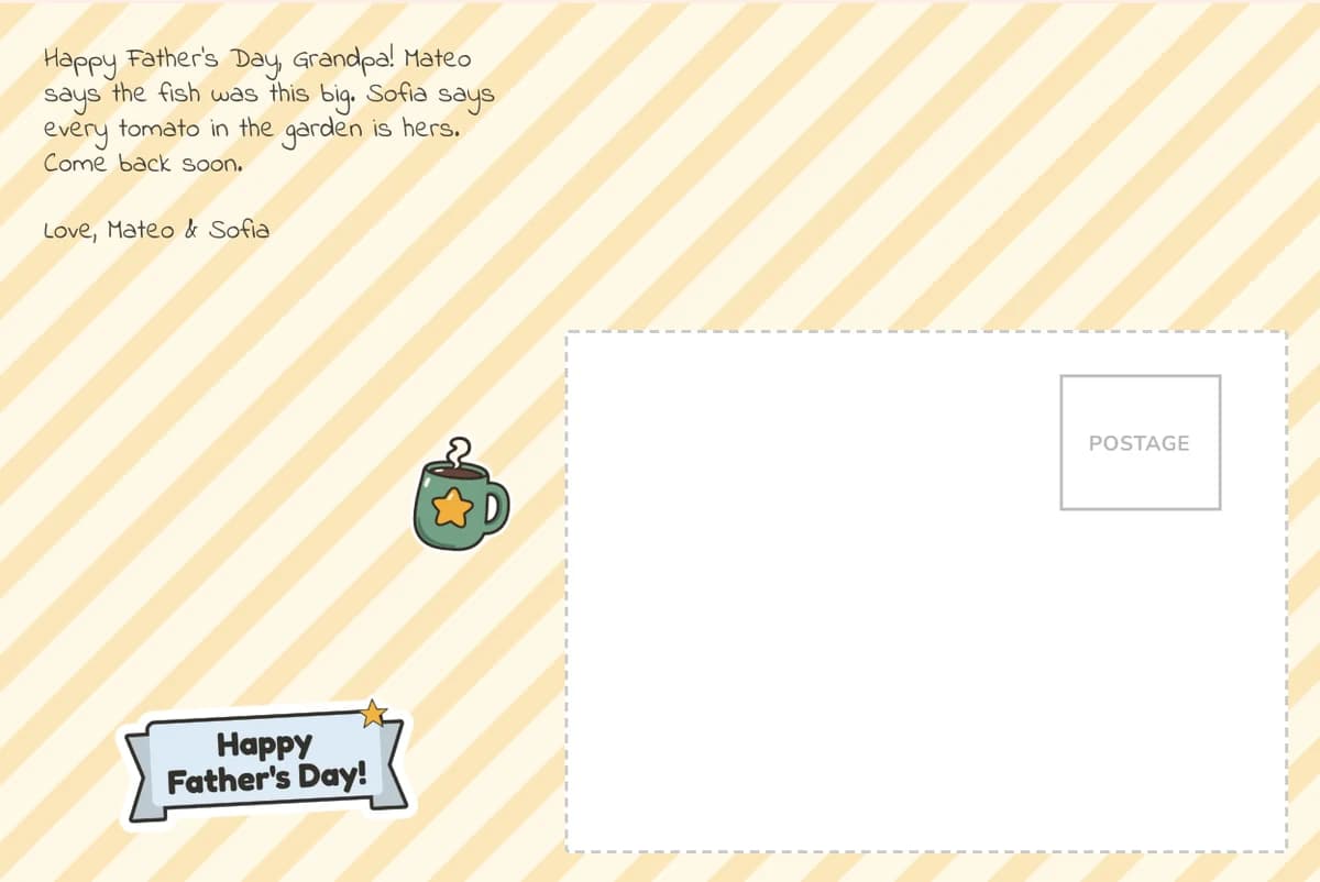 Card back on yellow stripes with a note to Grandpa from Mateo and Sofia about the fish and the tomatoes, a coffee mug sticker and a Happy Father's Day! banner