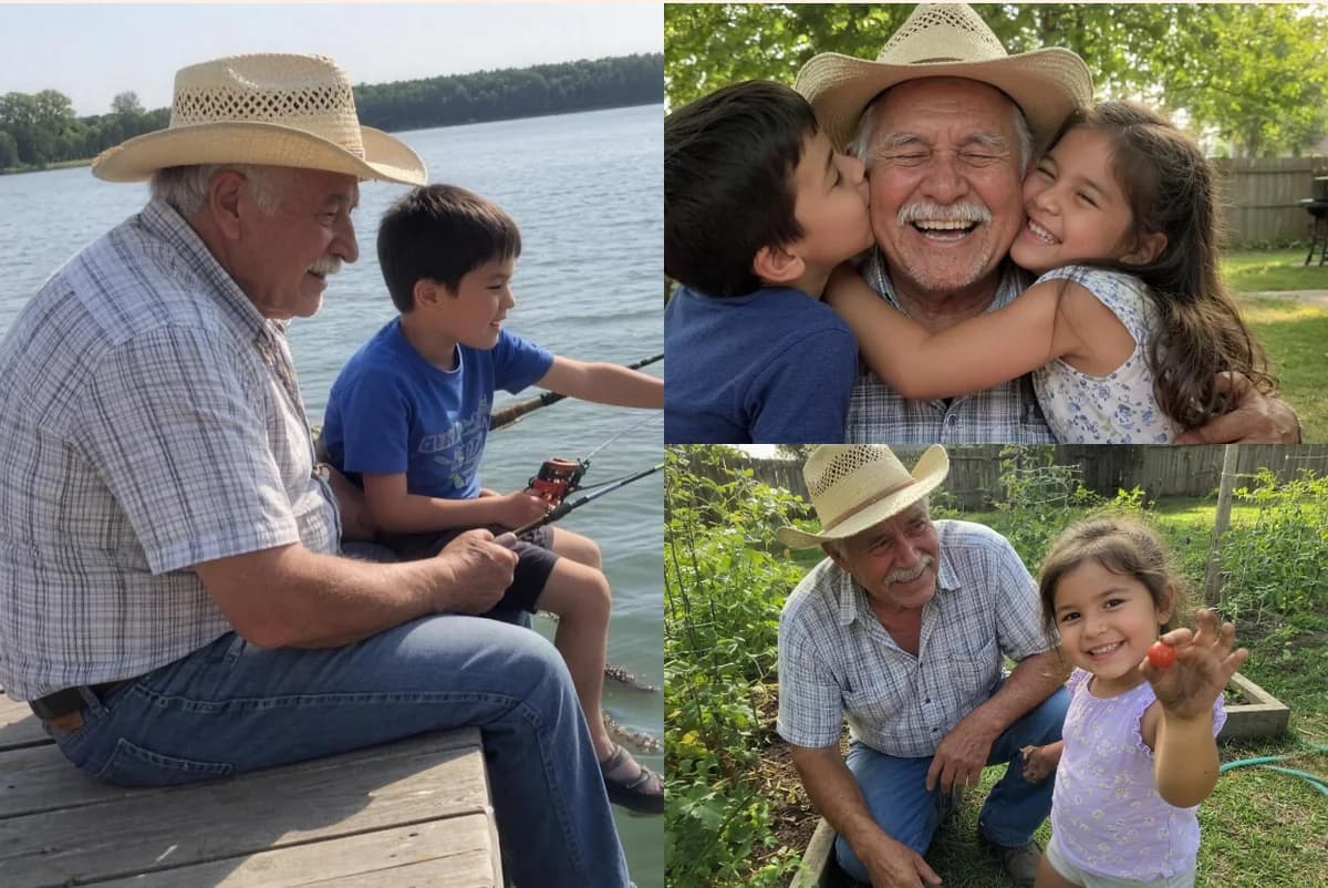 Card front with three photos: a grandfather in a straw hat fishing off a dock with his grandson, laughing as two grandkids hug him, and in his garden with a granddaughter holding a tomato
