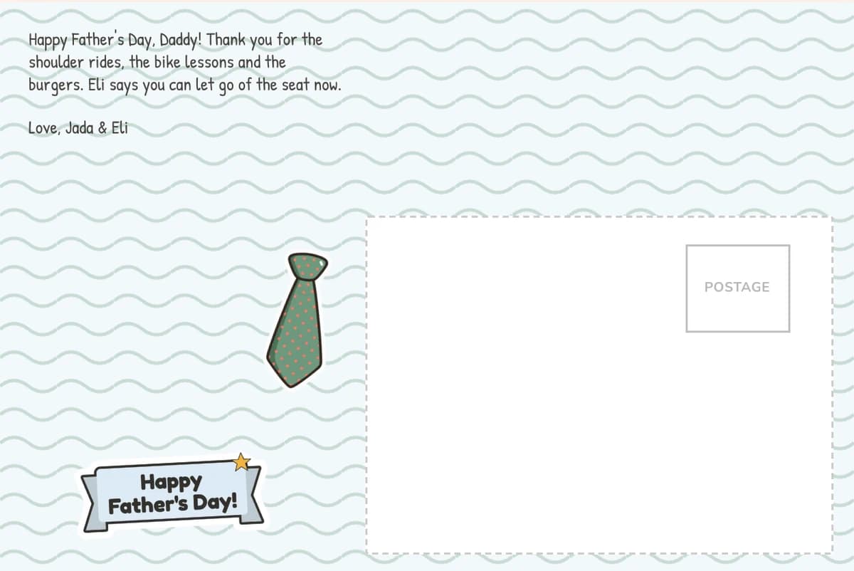 Card back on a wavy pattern with a note to Daddy from Jada and Eli about shoulder rides and bike lessons, a necktie sticker and a Happy Father's Day! banner
