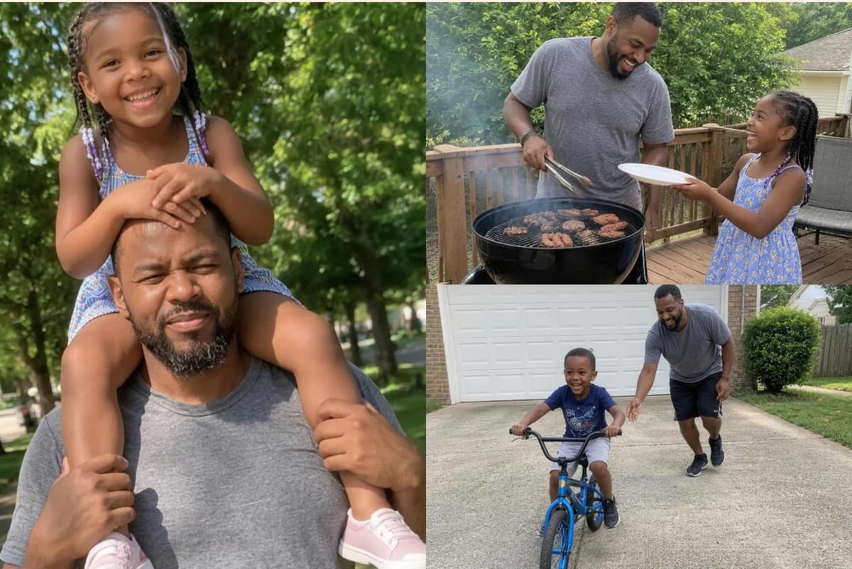 Card front with three photos: a girl on her dad's shoulders, the dad at a charcoal grill with his daughter holding a plate, and a boy riding a bike as his dad lets go