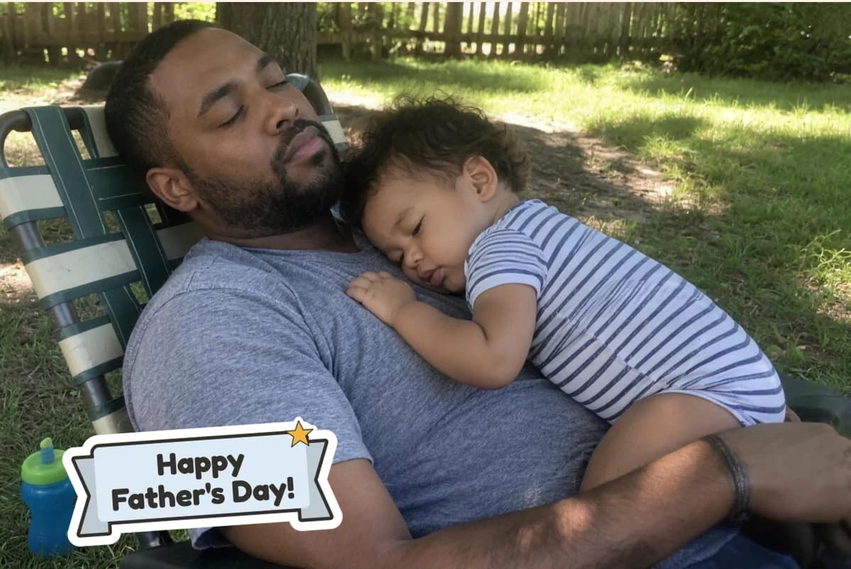 Card front with one photo of a dad asleep in a lawn chair with a toddler asleep on his chest, and a Happy Father's Day! sticker