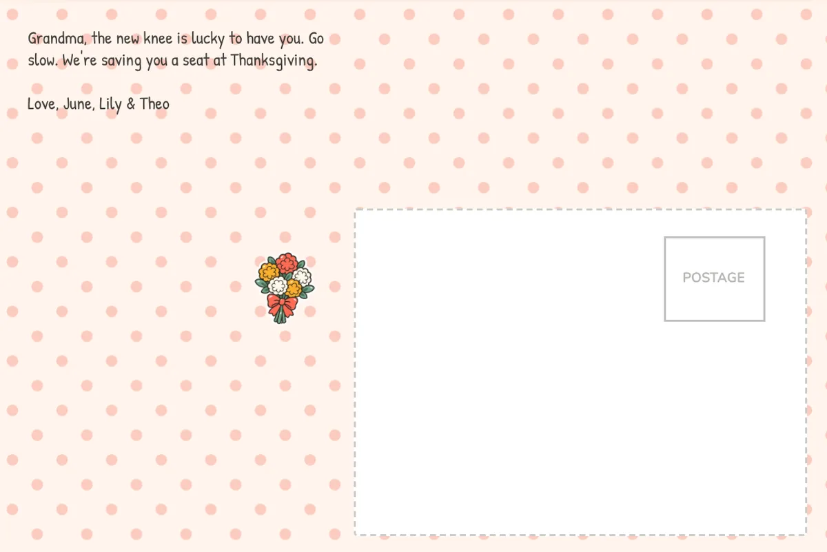 Card back on a dotted pattern with a note telling Grandma her new knee is lucky to have her, and a flower bouquet sticker