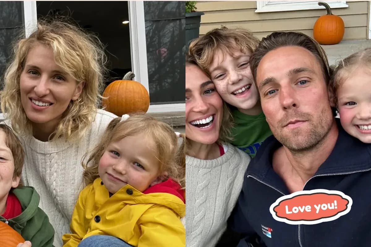 Card front with two photos side by side: a mother and two small children by a pumpkin, and a family selfie, with a Love you! sticker