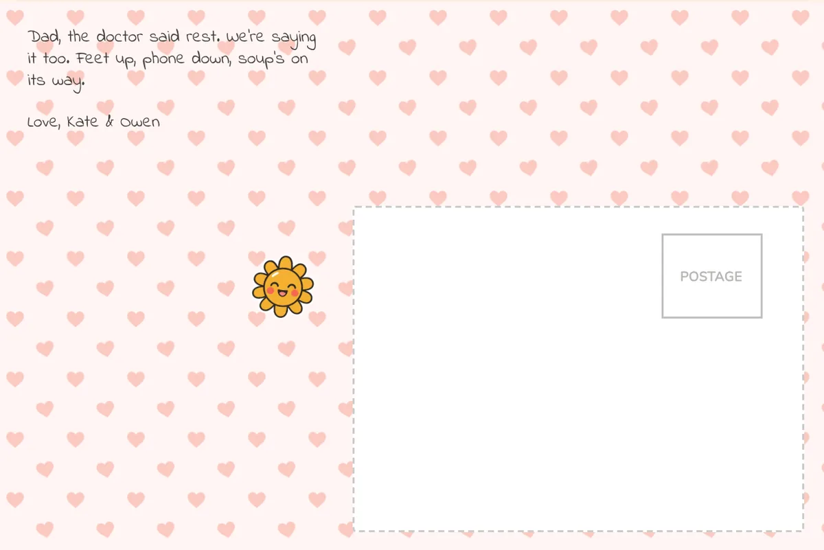 Card back on a heart pattern with a note telling Dad to rest with his feet up, signed Kate and Owen, and a smiling sun sticker