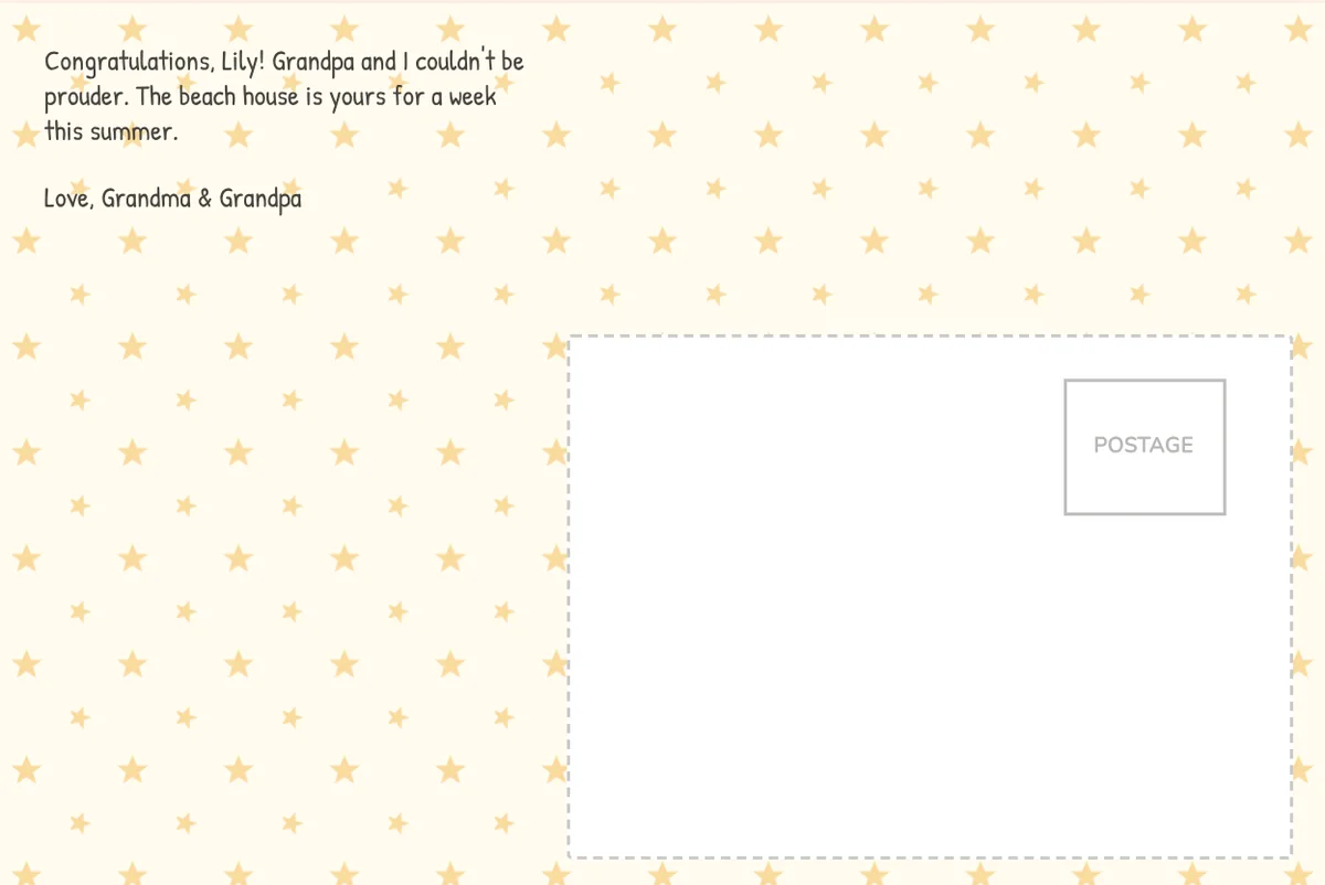 Card back on the Stars pattern congratulating Lily, signed Grandma and Grandpa, in a handwriting-style font