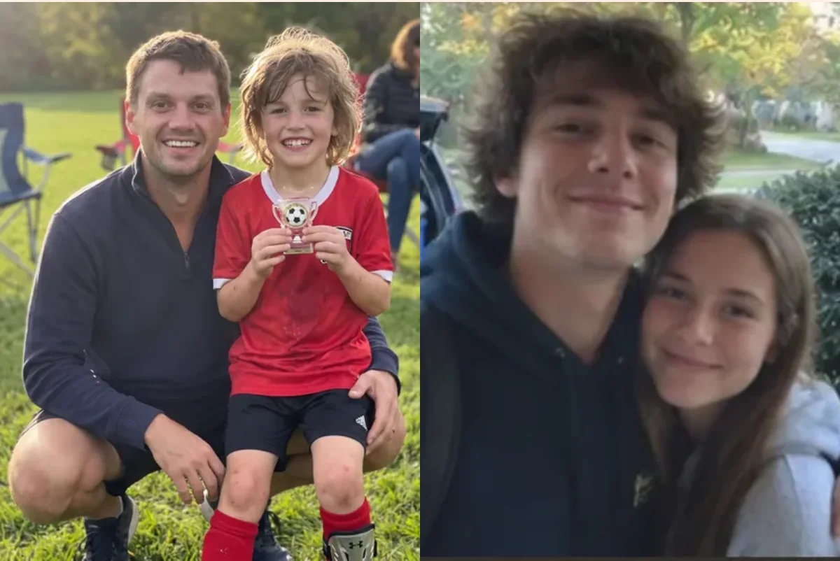 Card front with two photos: a small boy holding a soccer trophy with his dad, beside the same family's grown son hugging his sister on the porch